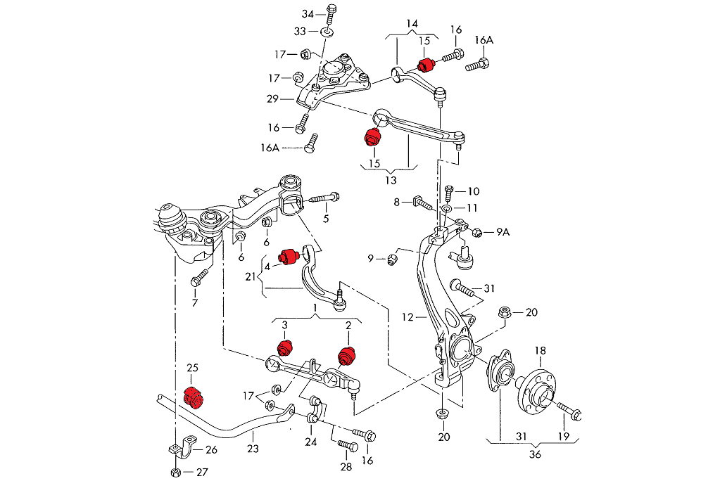 VERKLINE POW-075-75 Full front polyurethane wishbones bushings kit - Audi B6 / B7 - image 2 fullscreen